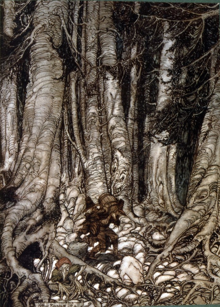 Ilustración de Arthur Rakham de Rip Van Winkle, un cuento corto del autor estadounidense Washington Irving publicado por primera vez en 1819 de Arthur Rackham