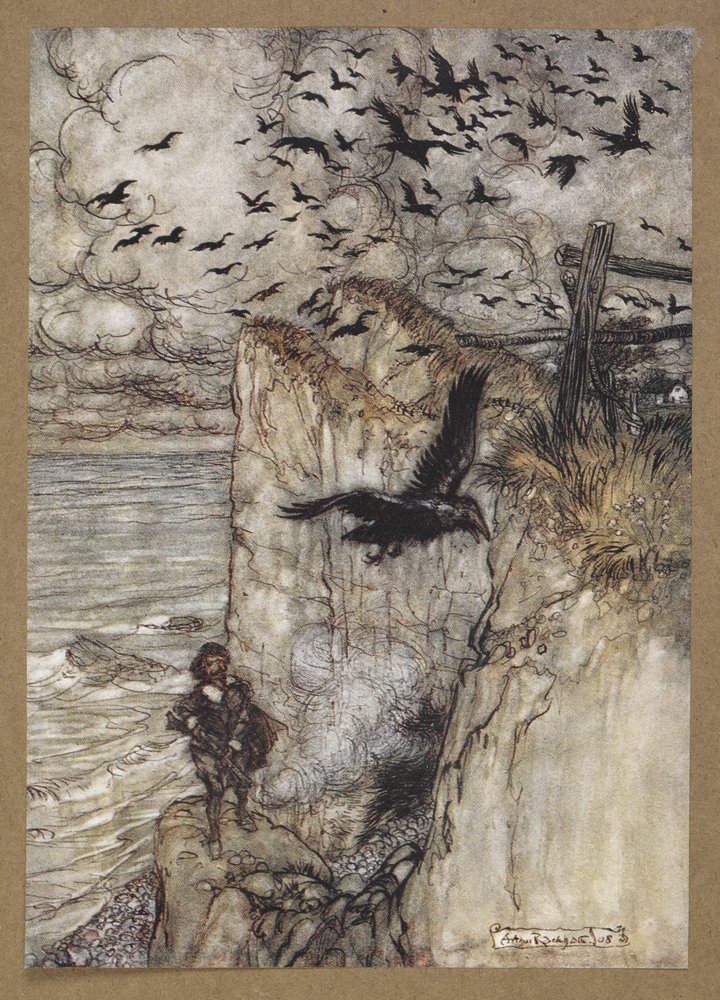 .... chovas pechirrojas, muchas de ellas, levantándose y graznando al oír el disparo".
Una escena de "El sueño de una noche de verano". de Arthur Rackham