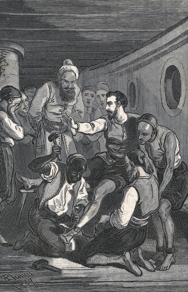Los trinitarios Fray Juan Gil y Fray Antón de la Bella liberan a Cervantes de su cautiverio en Argel en 1580 (grabado) de Artist Unknown