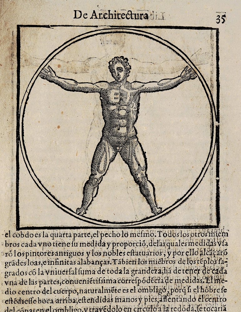 VITRUVIO, Marco Vitruvio Polión (siglo I a. C.). «De Architectura» (Sobre la arquitectura), con traducción al español de Miguel de Urrea. Editado en Alcalá de Henares por Juan Gracián (1582). Ilustración de la página 35 con el canon del cuerpo humano. de Artist Unknown