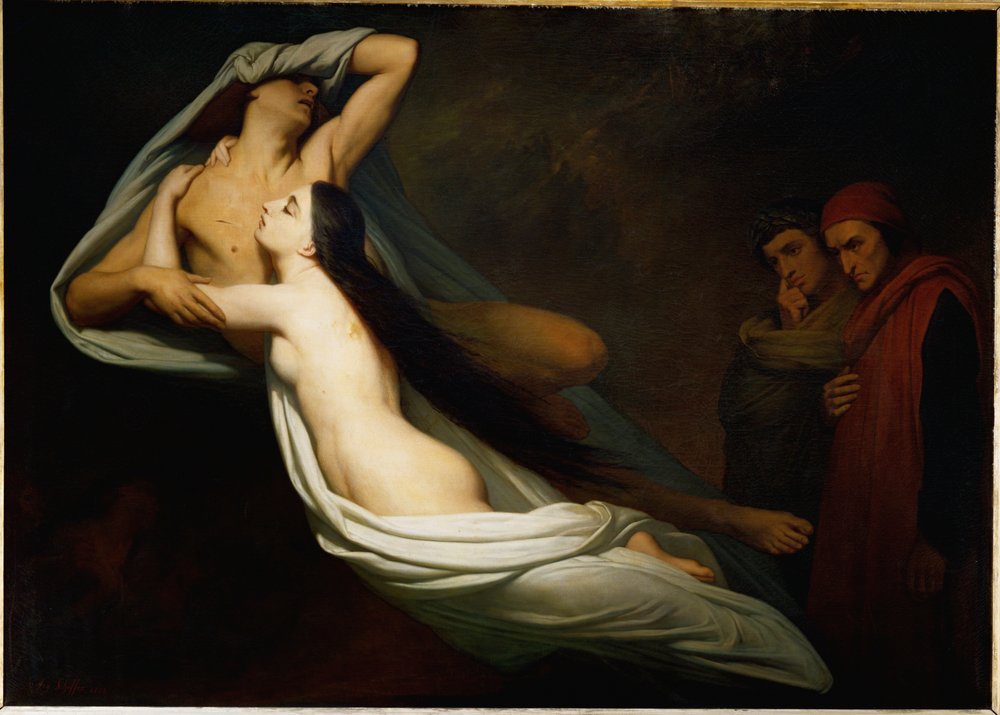 Las sombras de Francesca da Rimini y Paolo Malatesta se aparecen a Dante y Virgilio de Ary Scheffer