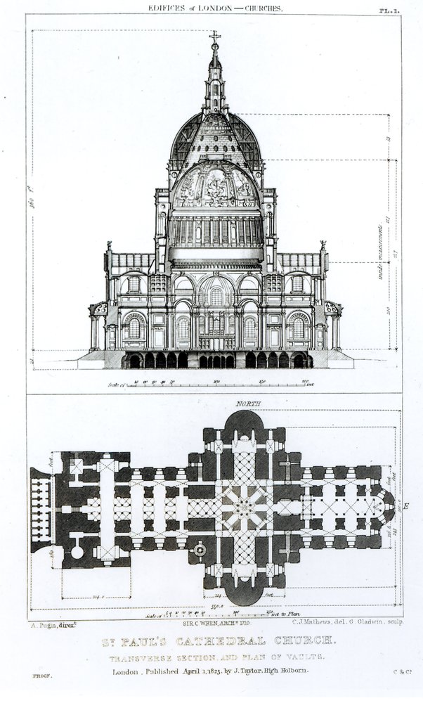 Sección transversal de la catedral de San Pablo y plano de las bóvedas, grabados por C. J. Mathews y G. Gladwin, publicados en 1823 de Augustus Charles Pugin