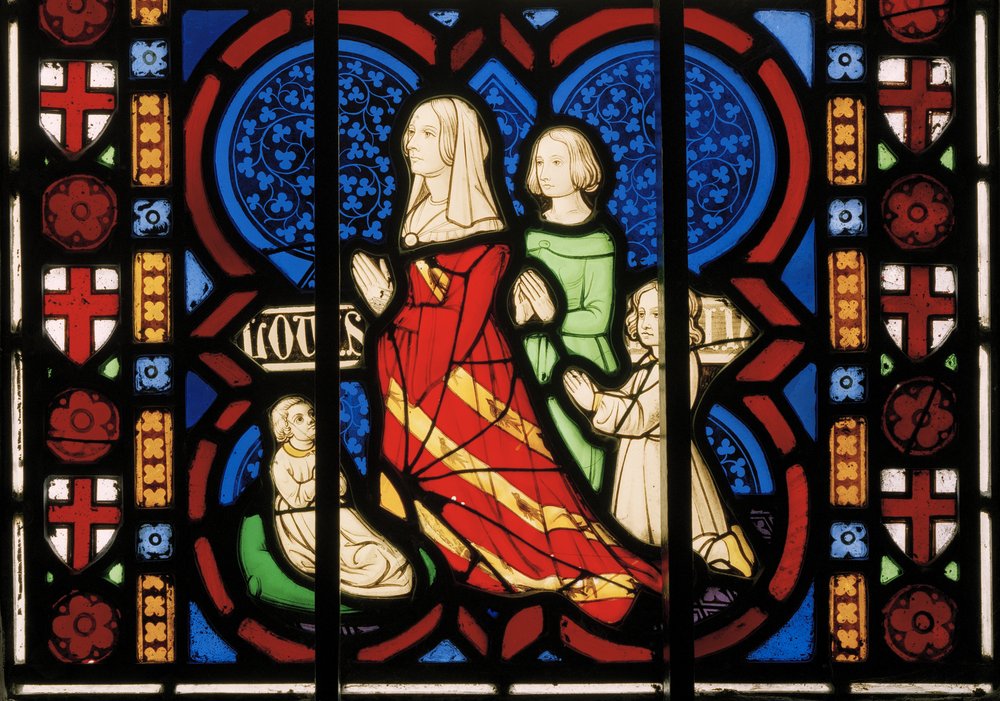 Segunda esposa de Pugin, Louisa, con su hijastra Anne y sus dos hijas Agnes y Katherine, Ventana Este de la Capilla, c.1844 de Augustus Welby Northmore Pugin