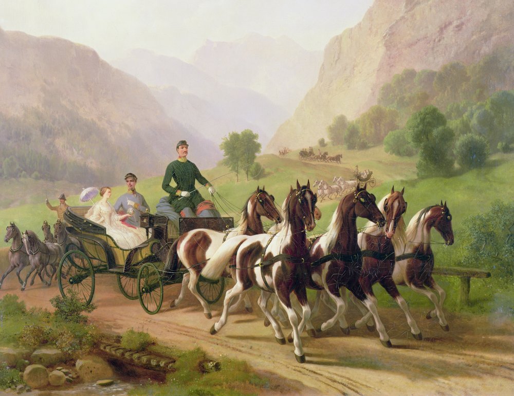 El emperador Francisco José I de Austria, siendo llevado en su carruaje con su esposa Isabel de Baviera en Bad Ischl, 1855 de Austrian School