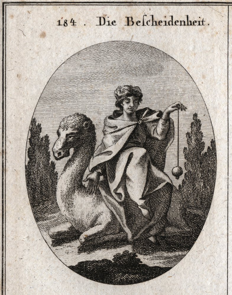 Alegoría de la discreción. El plomo que sostiene perpendicular es el atributo de la corrección. Ella se sienta en un camello arrodillado para facilitar su paseo. Grabado en Iconologie oder Ideen aus dem Gebiete der Leidenschaften und Allegorien bildich dar de Austrian School