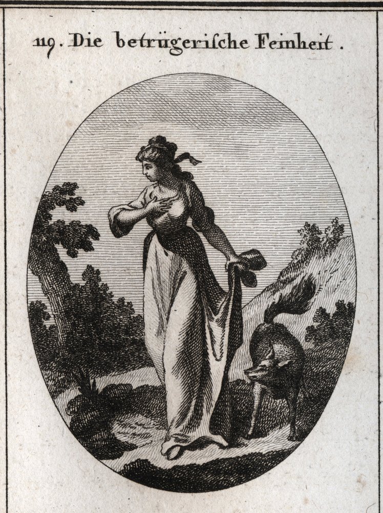 Alegoría de la astucia que tiende a engañar. Se la representa con una mano en el pecho y otra detrás sosteniendo un zorro, símbolo del engaño. Grabado en “Iconologie oder Ideen aus dem Gebiete der Leidenschaften und Allegorien bildich dargestellt” de Austrian School