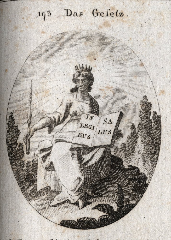 Alegoría de la ley. Su radiante diadema señala su origen divino. El cetro denota su autoridad y el libro abierto o con la inscripción «In Legibus Salus» significa que promete una recompensa a quienes la obedecen. Grabado en «Iconologie oder Ideen aus dem» de Austrian School