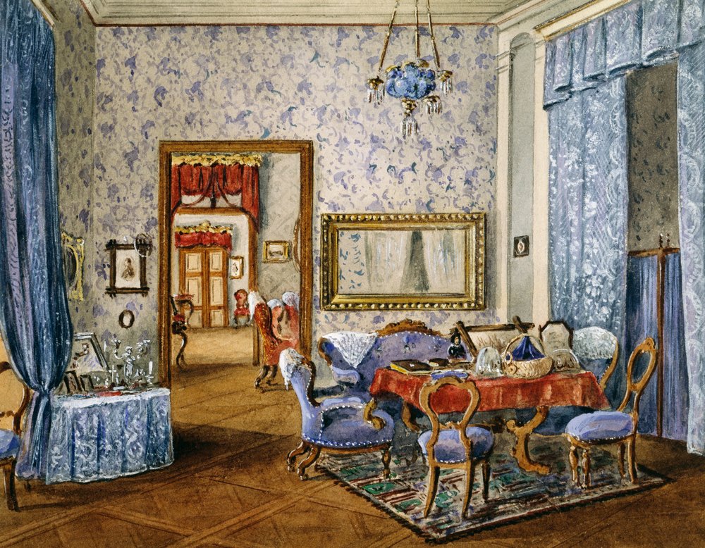 Dormitorio de estilo Biedermeier, hacia 1830, acuarela, Austria de Austrian School
