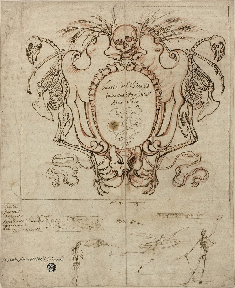 Cartucho funerario con inscripción y bocetos de esqueletos y detalles ornamentales de Baccio del Bianco