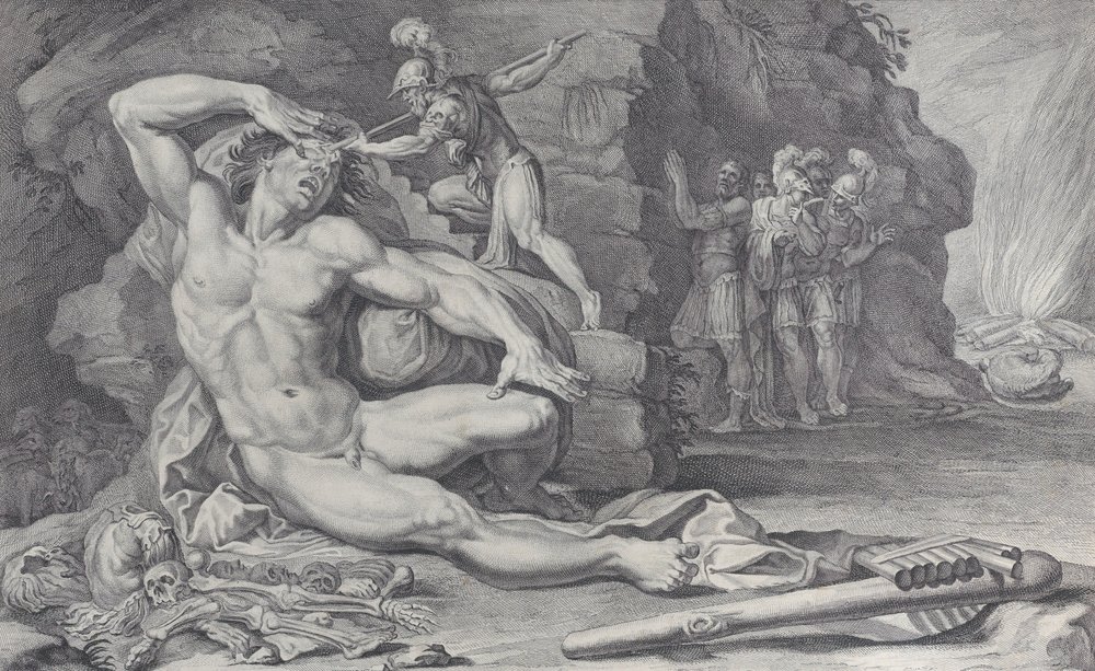 Placa 6: Ulises clavando una estaca ardiente en el ojo de Polifemo, 1756 de Bartolomeo Crivellari