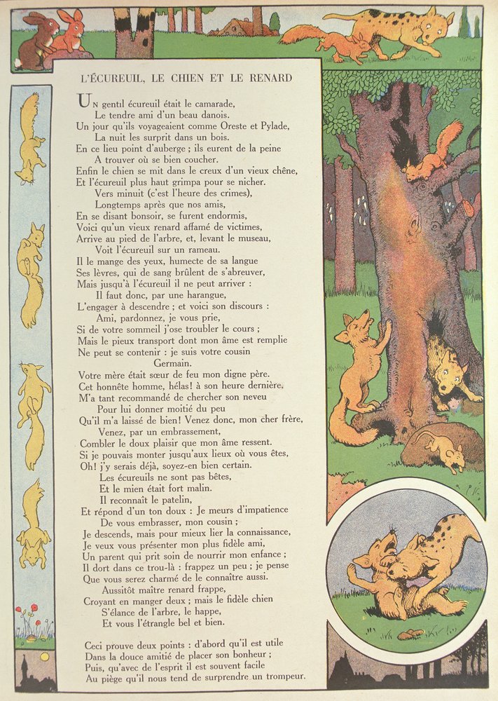 La ardilla, el perro y el zorro, de las "Fábulas" de Jean de La Fontaine (1621-95) (grabado en color) de Benjamin Rabier