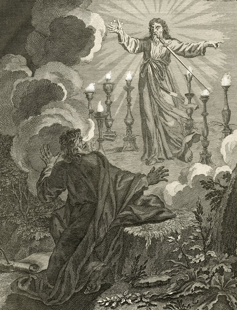 Jesús aparece en el Libro de Apocalipsis sosteniendo siete estrellas en su mano derecha y con una espada de doble filo saliendo de su boca, 1763 de Bernard Picart