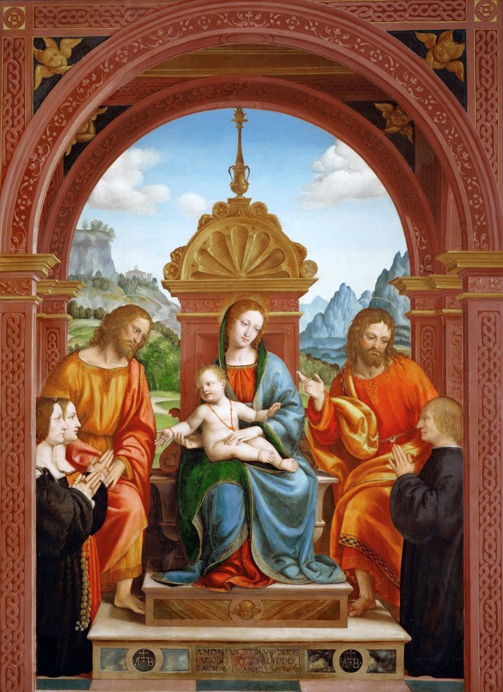 Madonna y Niño con los Santos Santiago, Felipe y la Familia de Antonio Busti, 1515-1517 de Bernardo Zenale
