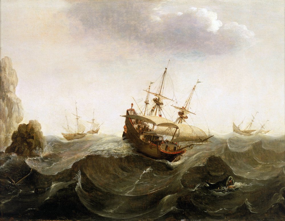 Un barco comercial holandés con destino a las Indias Orientales deja pasar dos barcos de pesca de arenques. Óleo, mediados del siglo XVII, de Bonaventura Peeters (1614-1652).