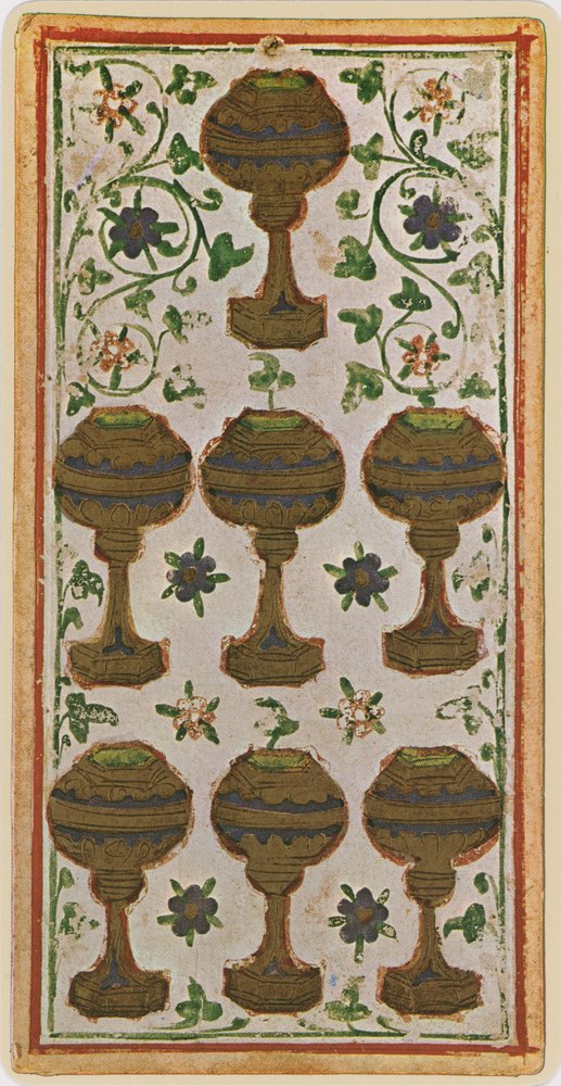 Los siete de copas, facsímil de una carta del tarot del mazo 