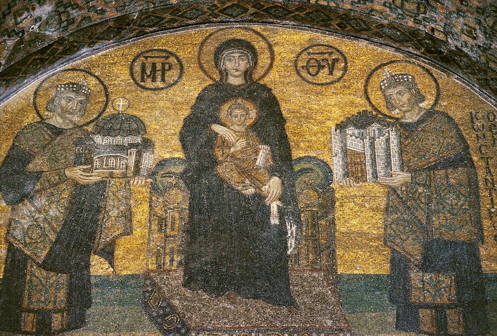 La Virgen y el Niño entre los emperadores Justiniano y Constantino en Santa Sofía de Byzantine