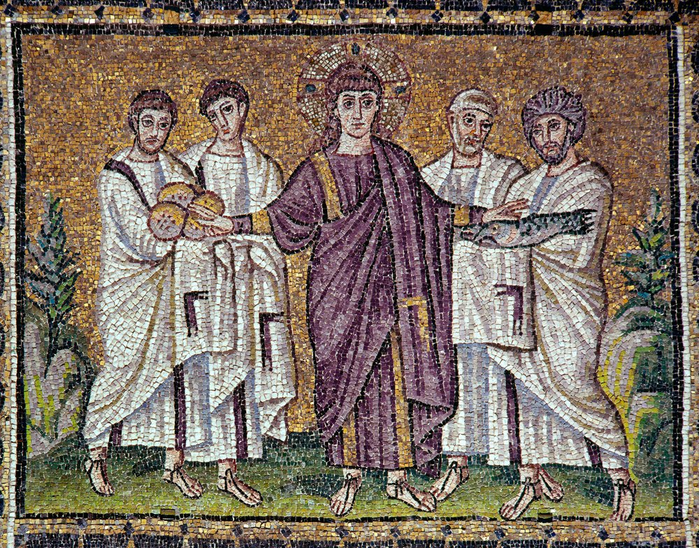 Arte bizantino: «La multiplicación de los panes y los peces». Mosaico del siglo VI. Basílica de Sant