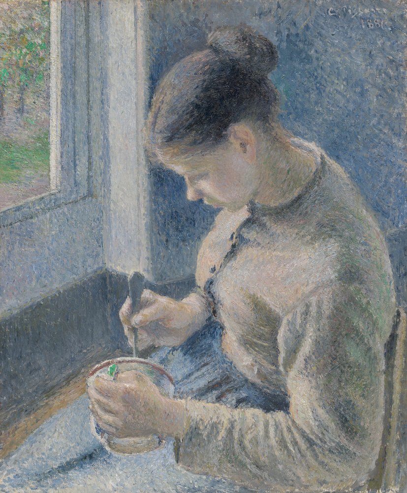 Joven campesina tomando su café de Camille Pissarro