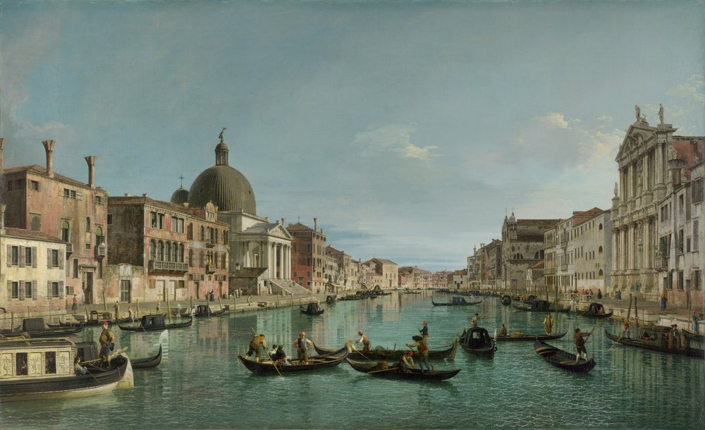 El Gran Canal en Venecia con San Simeone Piccolo y la iglesia de los Scalzi, c. 1738 de Giovanni Antonio Canal