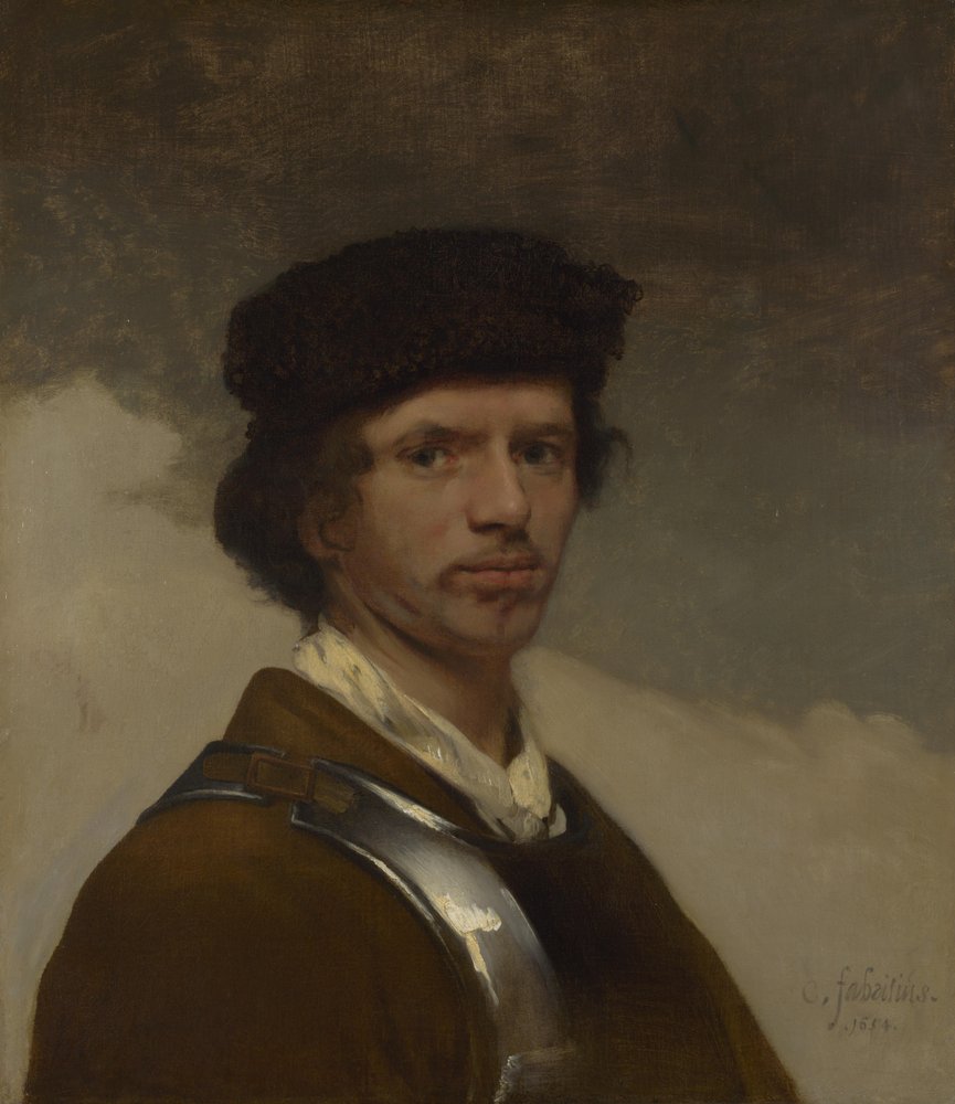 Un joven con gorro de piel y coraza (probablemente un autorretrato) de Carel Fabritius
