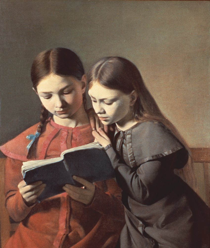 Las hermanas del artista Signe y Henriette leyendo un libro, 1826 de Carl-Christian-Constantin Hansen