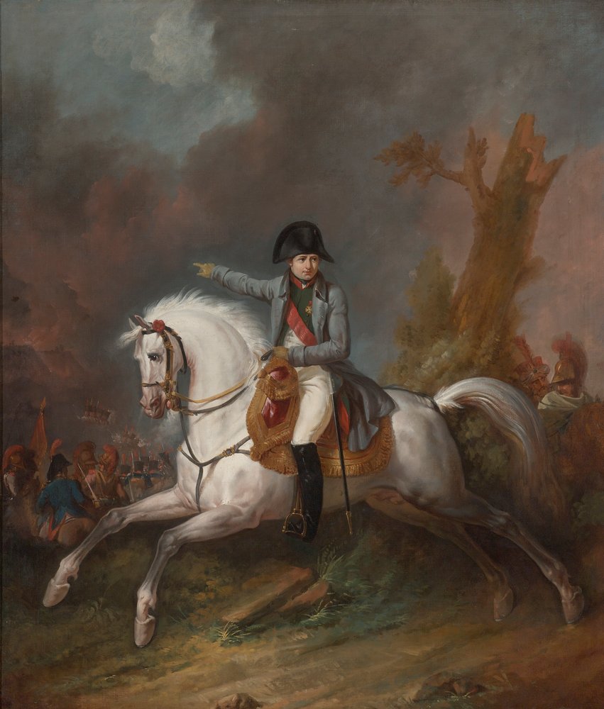 Retrato ecuestre del emperador Napoleón con una batalla al fondo de Carle Vernet