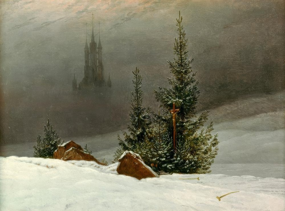 Paisaje invernal con iglesia de Caspar David Friedrich