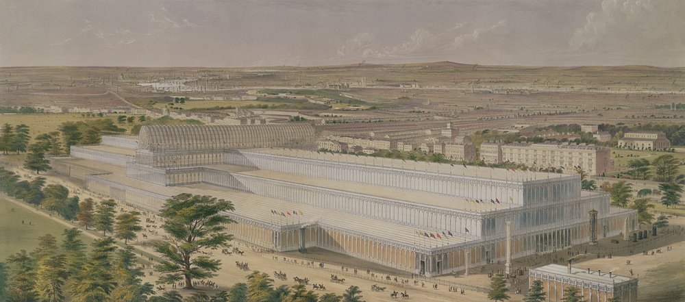 Vista aeronáutica del Palacio de la Industria para todas las Naciones, desde los Jardines de Kensington, grabado por el artista, publicado en 1851 de Charles Burton