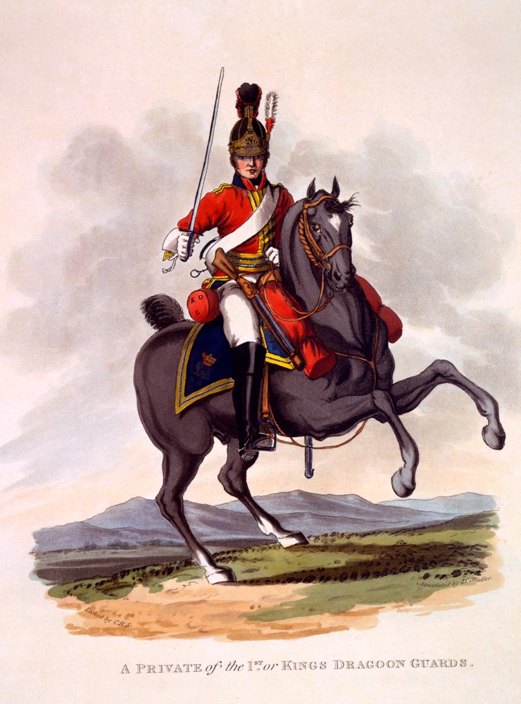 Uniforme de soldado raso de los Dragones del Rey, grabado por Joseph Constantine Stadler, 1812-15 de Charles Hamilton Smith