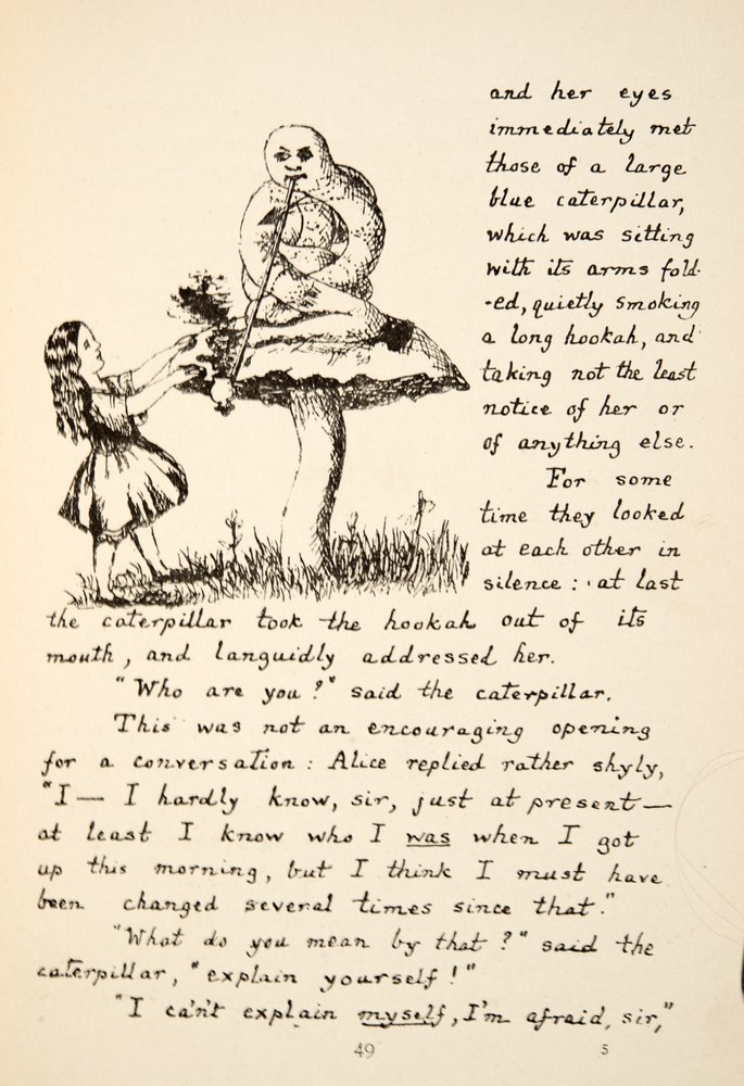 Alicia recibe consejos de la oruga azul, ilustración de Las aventuras bajo tierra de Alicia, pub. 1886 (facsímil) de Charles Lutwidge Dodgson