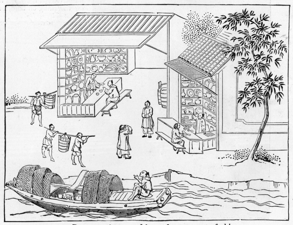 Tiendas de porcelana y barcos para el transporte de porcelana, de una serie de ilustraciones sobre la fabricación de porcelana de Chinese School