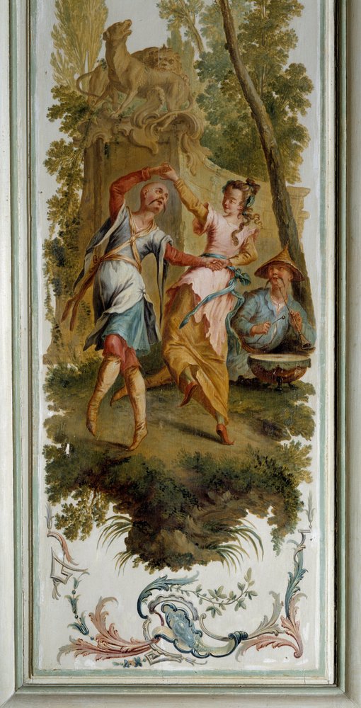 Chinoiserie: Escena de danza, panel del gran salón del castillo de Champs sur Marne realizado por Christophe Huet (1700-1759) de Christophe Huet