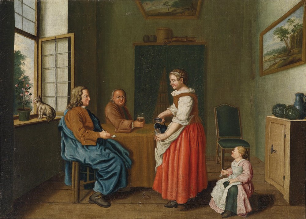 Interior con dos hombres en la mesa y una sirvienta que los atiende de Jan Josef Horemans II