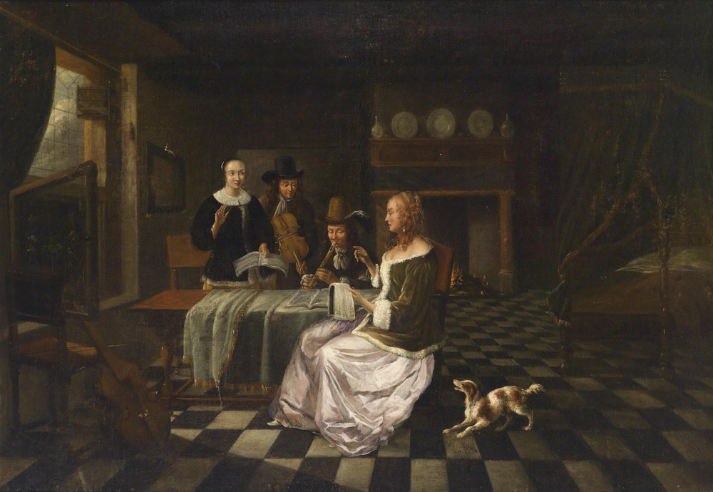 Interior burgués con cuatro personas de Circle of Pieter de Hooch
