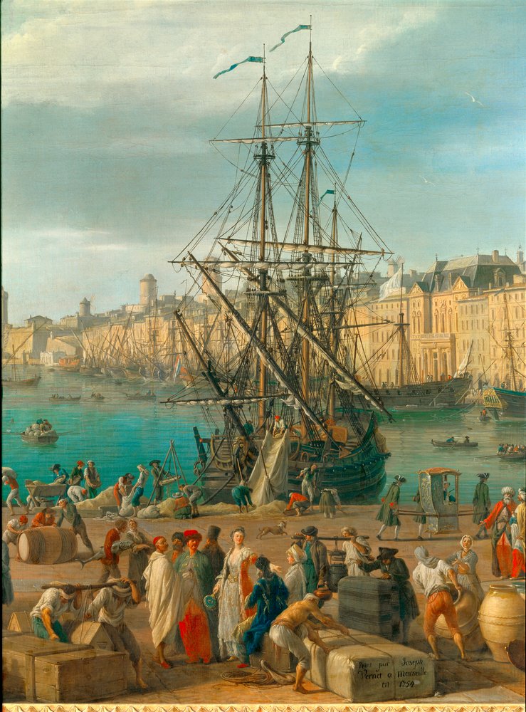 El puerto de Marsella en el siglo XVIII. Detalle que representa la descarga de mercancías. Pintura de Joseph Vernet (1714-1789), siglo XVIII. París, Museo de la Marina de Claude Joseph Vernet
