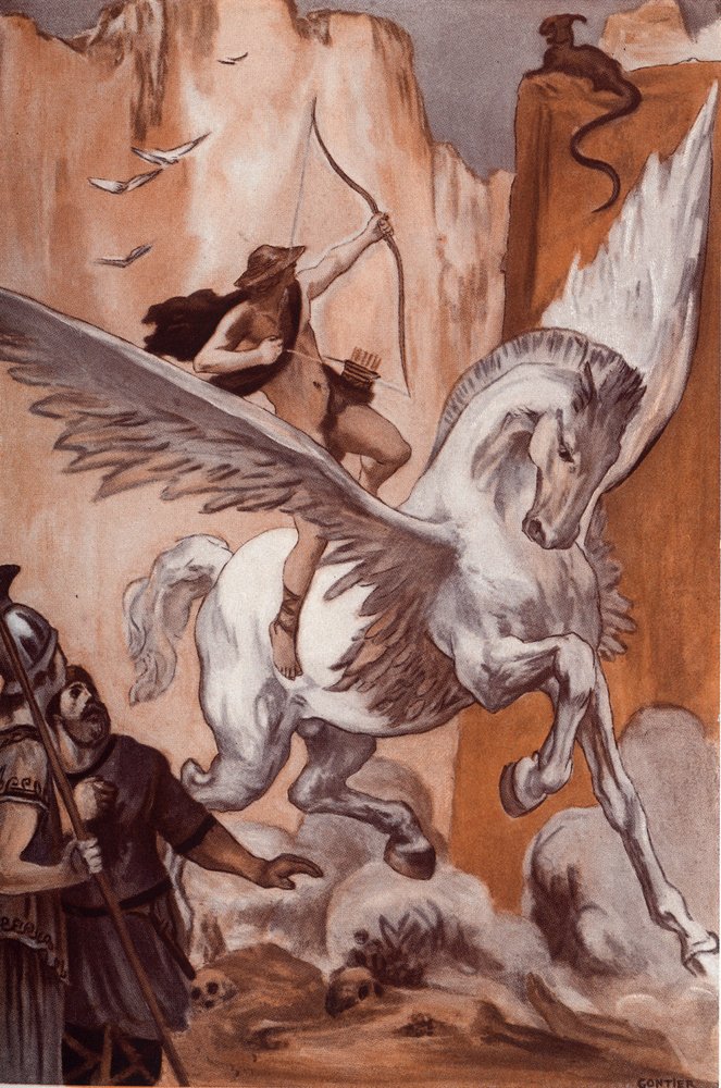 La historia de Belerofonte: Belerofonte en su caballo Pegase mata a la Quimera. Ilustración de Clement Gontier (1876-1918) para "La Ilíada" (Omero) de Homere. París, Henri Laurens de Clement Gontier