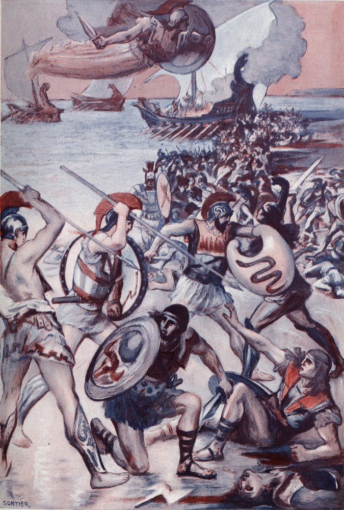 La batalla en torno al cuerpo de Patrocles. Ilustración de Clement Gontier (1876-1918) para "La Ilíada" (Omero) de Homere. París, Henri Laurens de Clement Gontier