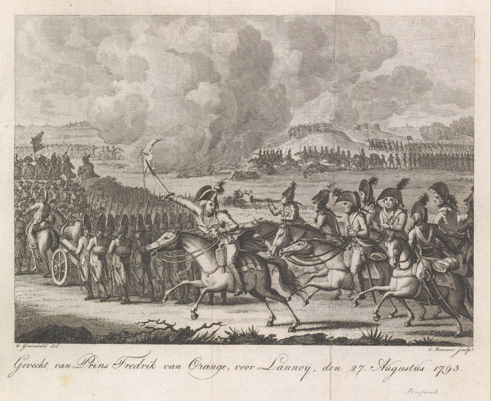 Príncipe William George Frederik en la batalla de Lannoy, 1793 Batalla del príncipe Federico de Orange, ante Lannoy, 27 de agosto de 1793 (título sobre el objeto) de Cornelis Brouwer
