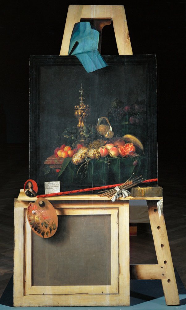 Caballete de pintor con una pieza de fruta (pintura sobre lienzo) de Cornelius Norbertus Gysbrechts