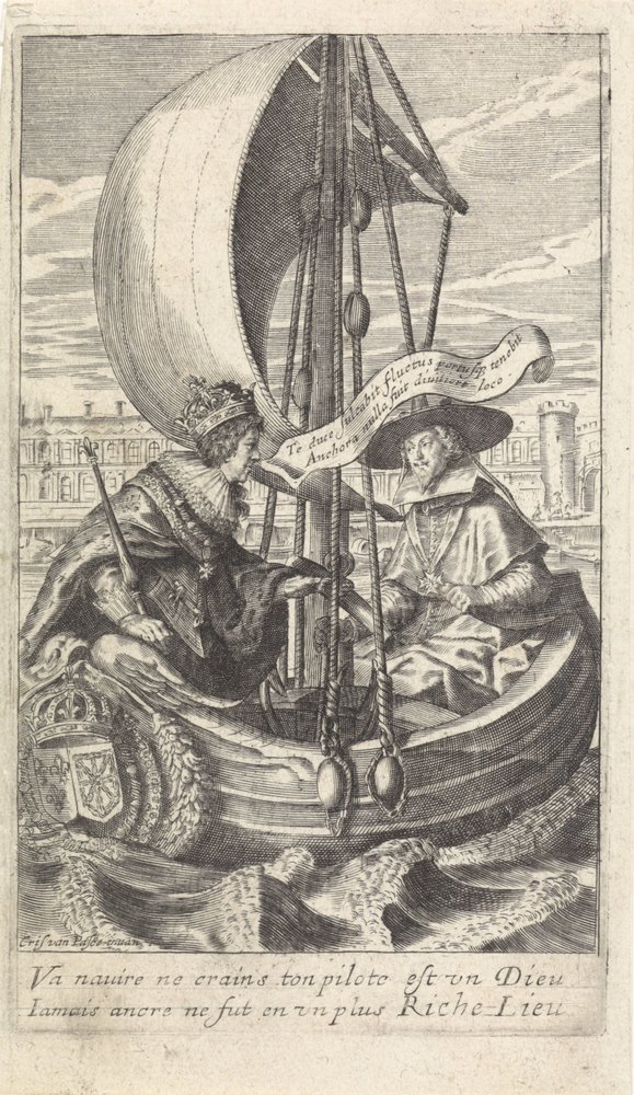 El rey Luis XIII y el cardenal Richelieu en una barcaza de Crispijn van de Passe (II)