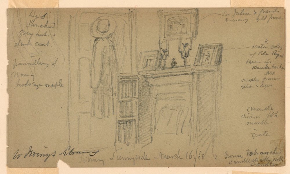 Dibujo, Biblioteca de Washington Irving en Sunnyside, 16 de marzo de 1860 de Daniel Huntington