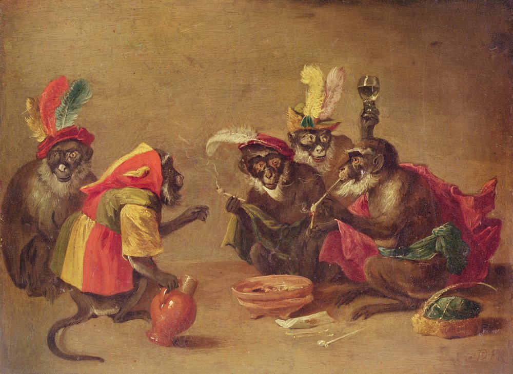 Monos fumando y bebiendo de David Teniers the Younger