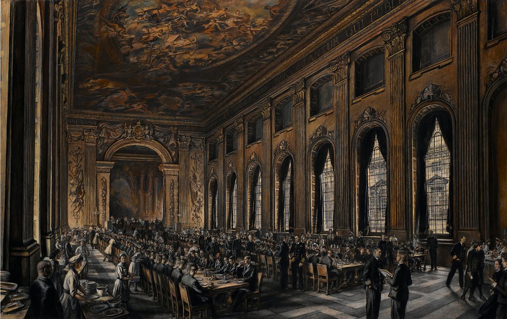 Oficiales cenando en la sala pintada (en el Hospital Real de Greenwich, Inglaterra, para retirados navales) durante la Segunda Guerra Mundial (1939-1945) de David Muirhead Bone
