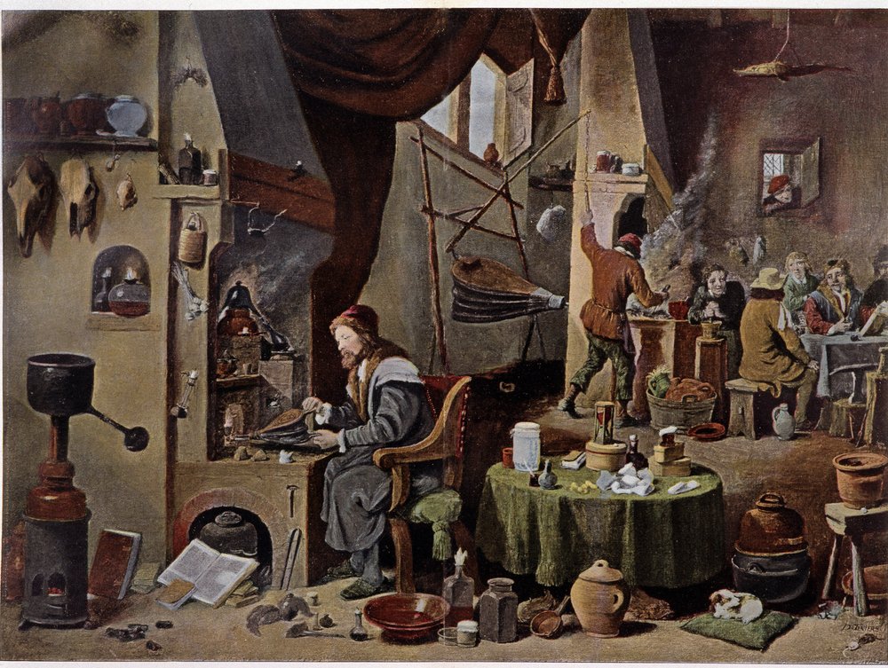 Laboratorio de un alquimista en el siglo XVII - según la pintura de David Téniers el Joven de David the Younger (after) Teniers