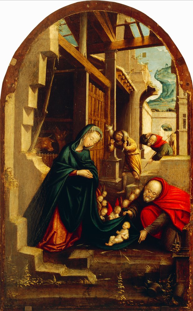 Natividad con ángeles y pastores adorando