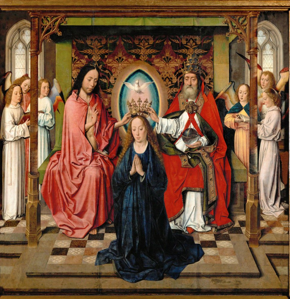 Coronación de la Virgen (temple sobre madera de roble) de Dirck Bouts