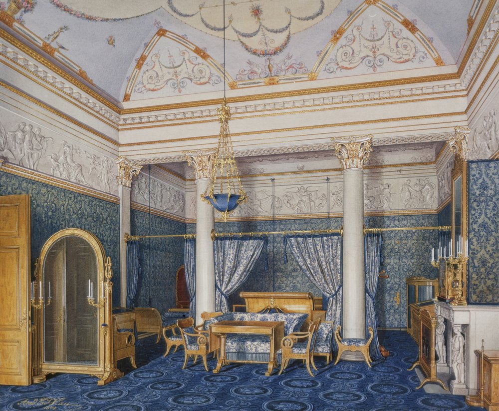 Interiores del Palacio de Invierno. El dormitorio de la emperatriz Alejandra Fiódorovna, 1870 de Eduard Hau