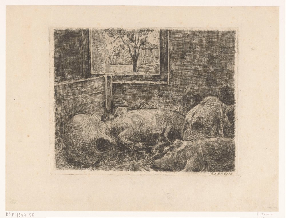 Cerdos en un establo de Eduard Karsen (signed by artist)