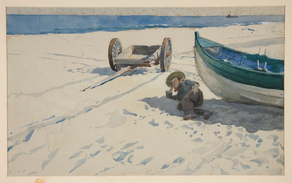 Escena de playa con un hombre descansando a la sombra de una barca de Edwin Austin Abbey