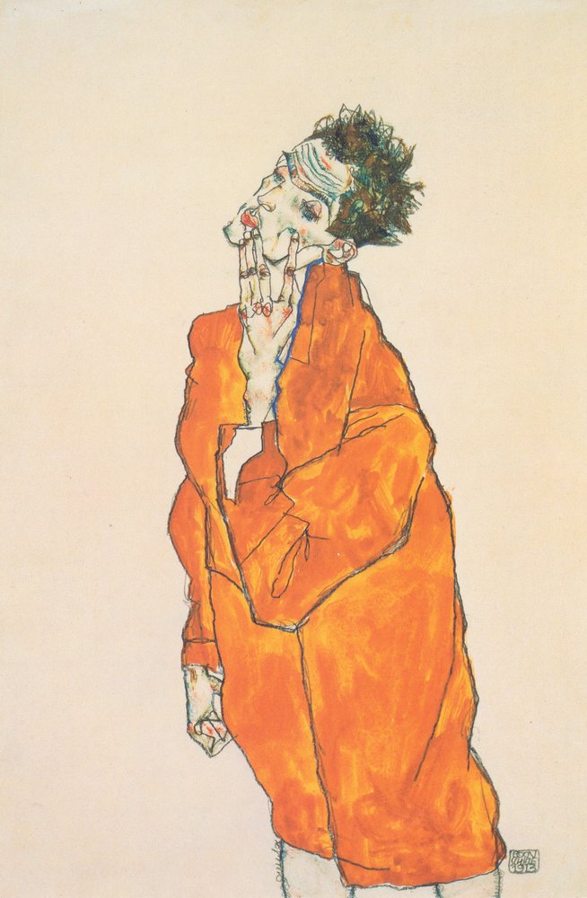 Autorretrato con chaqueta naranja de Egon Schiele